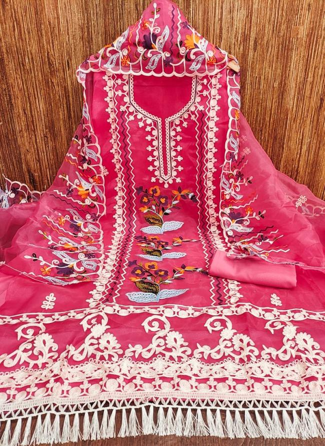 Organza Silk Pink Traditional Wear Embroidery Work Dress Material